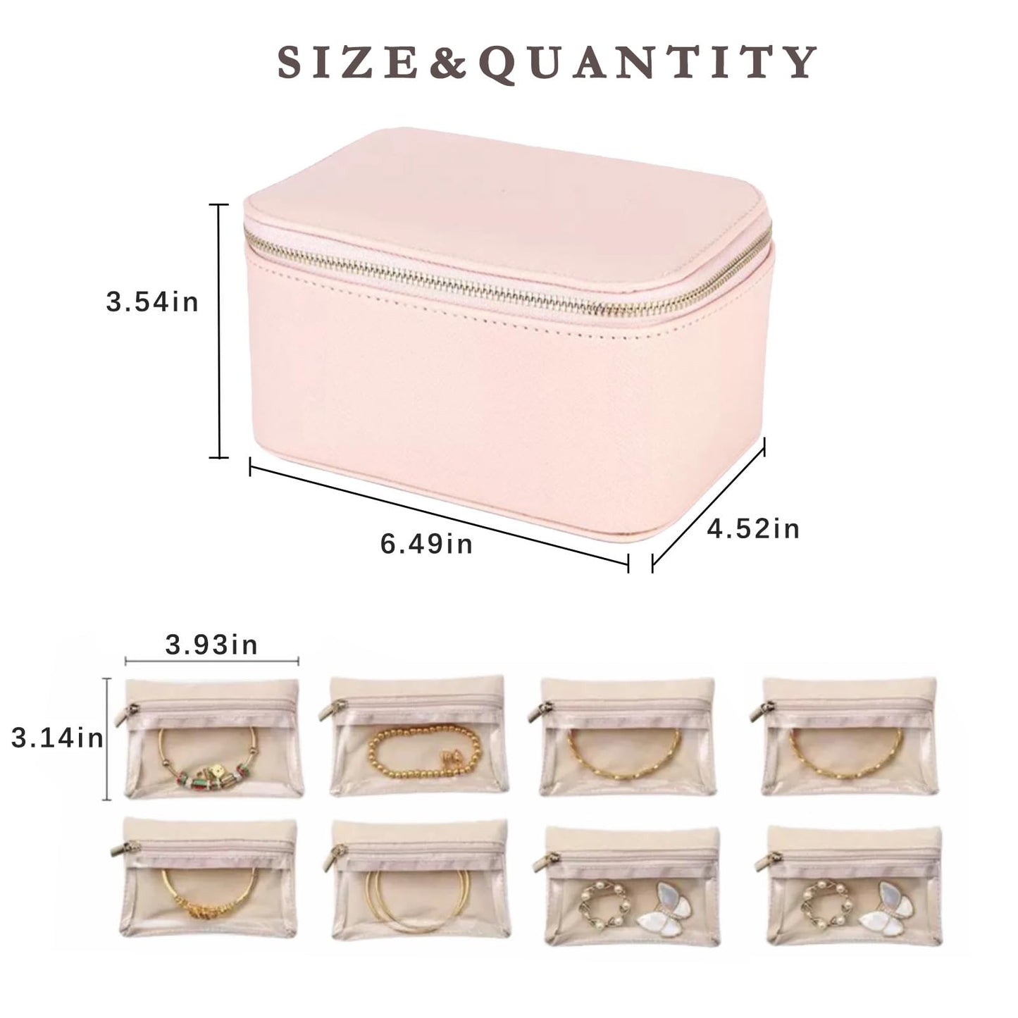 Jeonnfp Jewelry Box Organizer for Women,Small Travel Jewelry Case,Mini Travel Jewelry Organizer with 8 Velvet Jewelry Zipper Pouches, Jewelry Box Organizer for Christmas Birthday(Pink)