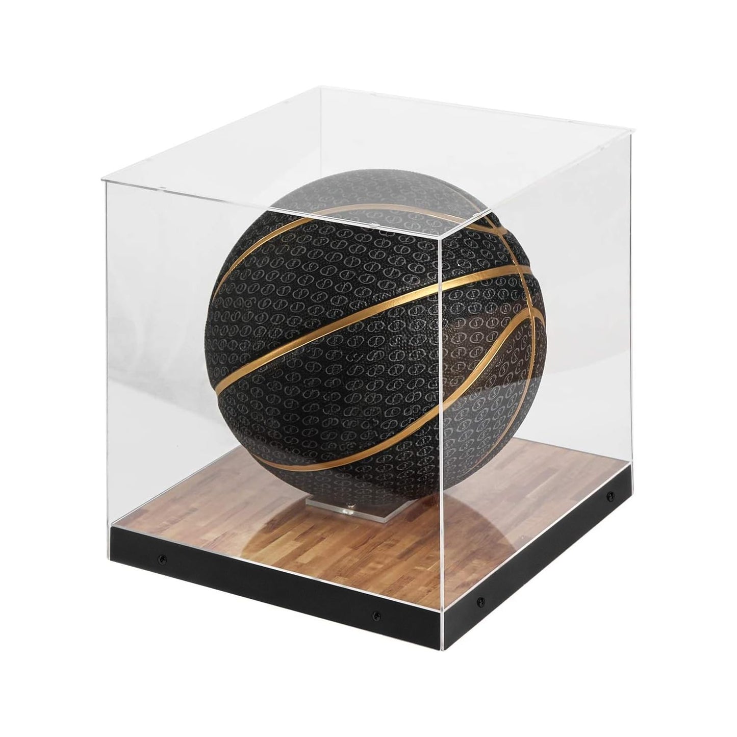 J JACKCUBE DESIGN Basketball Display Case Stand with Wooden Base, Clear Storage for Collectible Sports Memorabilia Holder Cube Case, Autograph Ball Standing Display, Floor (Printing) - MK342SS