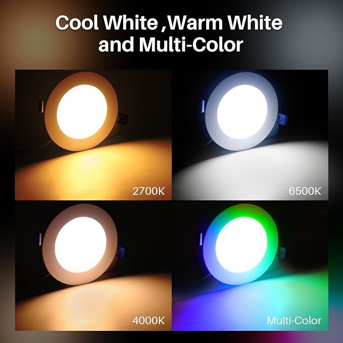 Peteme LED Smart Recessed Lighting 4 Inch Recessed Light IC Rated ETL Certified, Peteme Canless Ceiling Light RGBCW Color Changing Outdoor Soffit Downlight with J-Box for Alexa, 10W 800LM 6Pcs