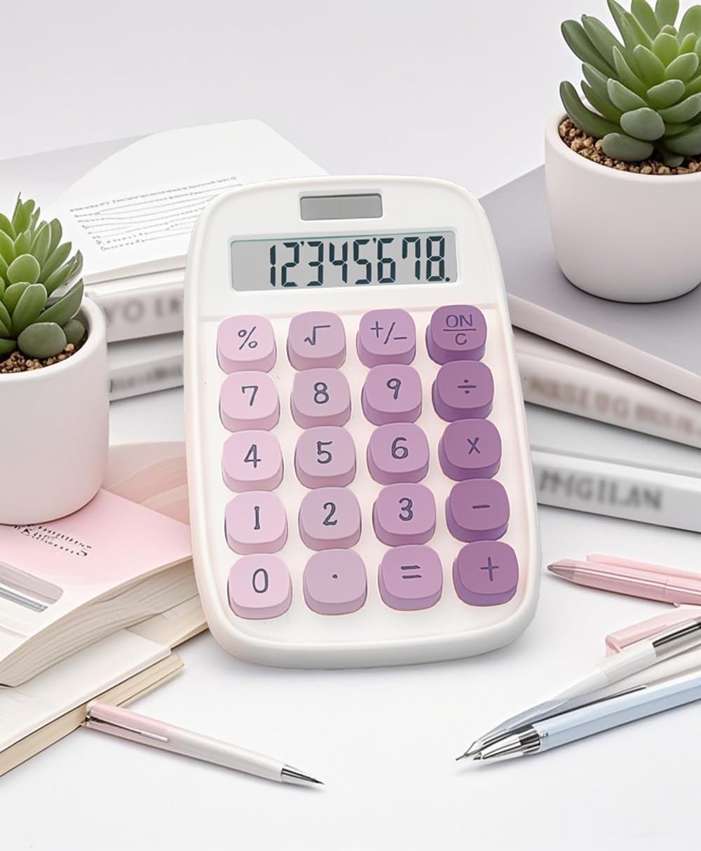 Mechanical Calculator,BTSEYAW Dual Power Calculator with 8 Digit Display tilt Screen and Big Buttons, Cute Office Desk Accessory (W-Purple,2 Pack)