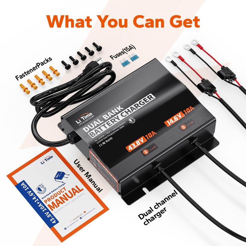 LiTime 2-Bank(43.8V 10A & 14.6V 10A) Lithium Battery Charger for 36V(38.4V)/12V(12.8V) LiFePO4 Battery, AC-DC Smart Charger with IP65 Waterproof, LED Indicator for Boat, Golf Cart, RV and Home