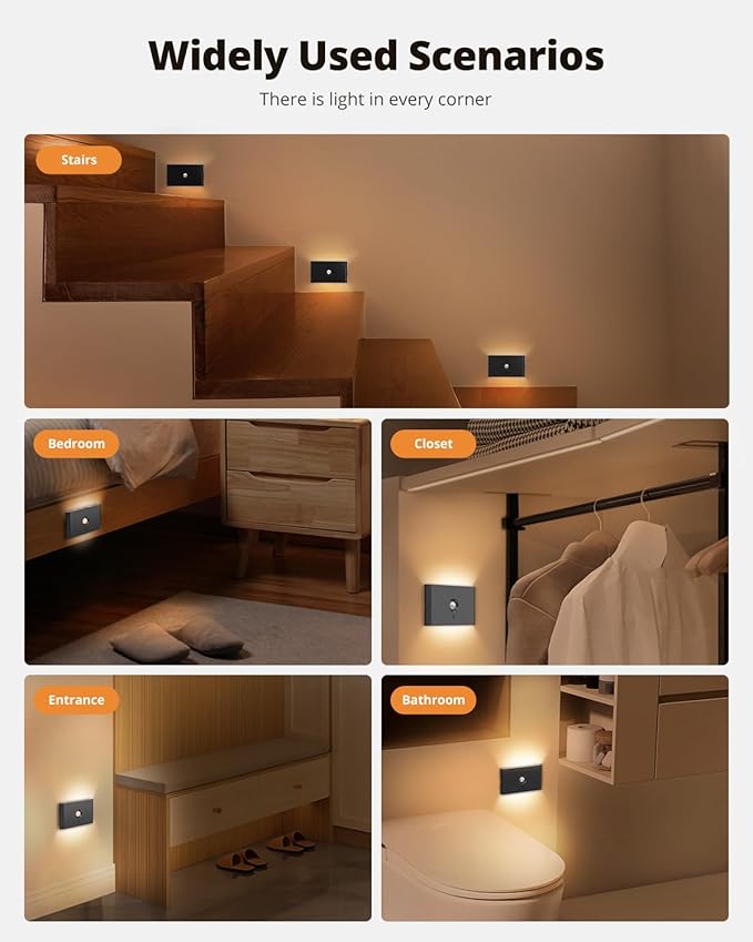 wowatt 6 Packs Rechargeable Motion Sensor Stair Light Black (Magnetic Mounting Design)(Sensor Modes Available)(Lighting Dimmable) Battery Night Lights for Stairway, Hallway, Bathroom