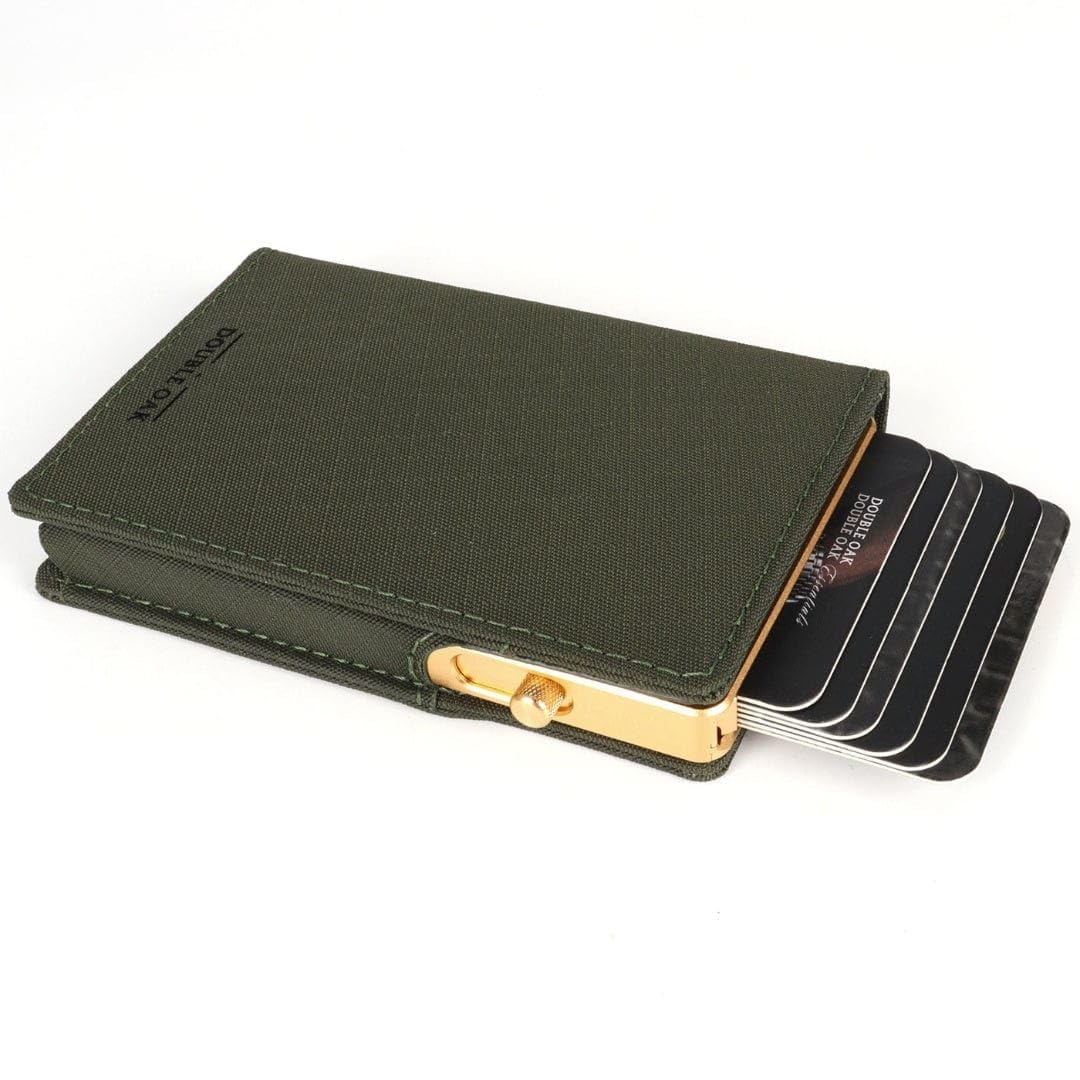 Double Oak Essentials Pop-Up Wallet & Cardholder – RFID Blocking Minimalist Leather Wallet for Men – Slim Design, Top-Grain Leather, Holds Cards & Cash (Ripstop Green w/Gold)