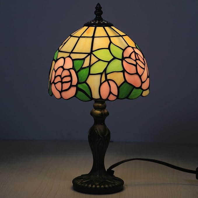 Small Tiffany Table Lamp,3 Color Temperature Pink Rose Stained Glass Table Lamps for Living Room, Dining Room,Bedroom Bedside Nightstand Night Light,W/LED Bulb,8X8X15Inch