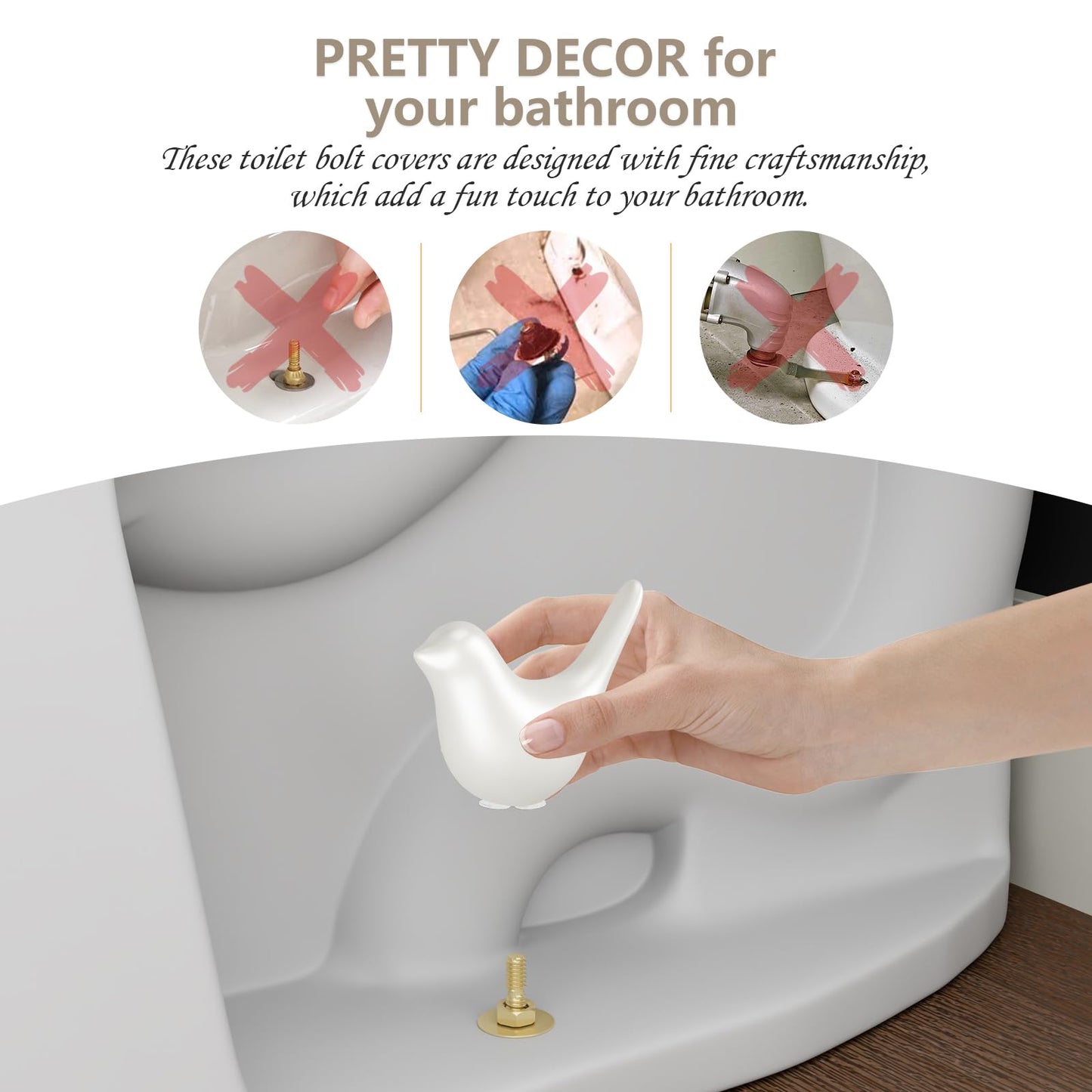 MENNTY 2Packs Ceramic White Birds Toilet Bolt Covers & 4Packs Universal Toilet Bolt Caps, Cute Bathroom Decorative Toilet Floor Screw Cover Caps Easy Installation
