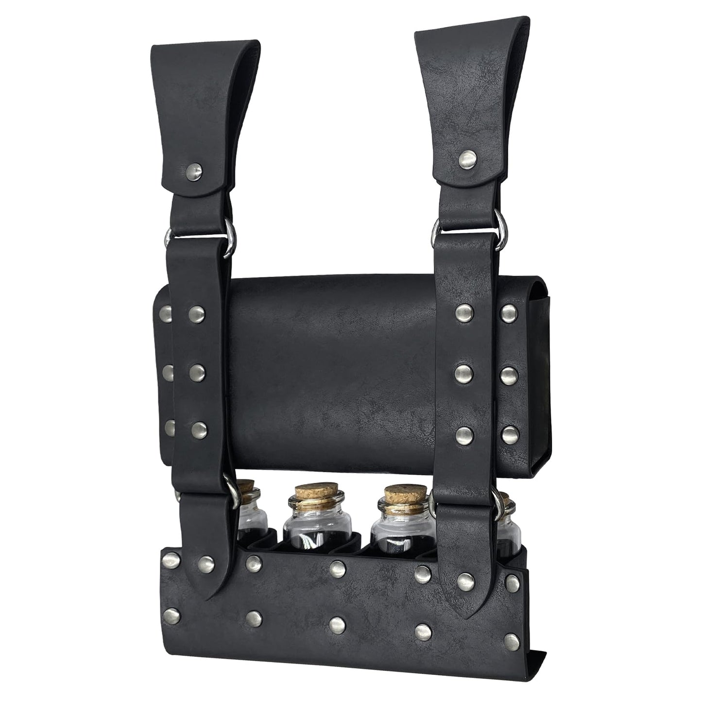 HiiFeuer Medieval Alchemy Faux Leather Belt Bag with 4 Cork Potion Vials, Fantasy Wizard Waist Pouch Side Pack for Ren Faire (Black A)