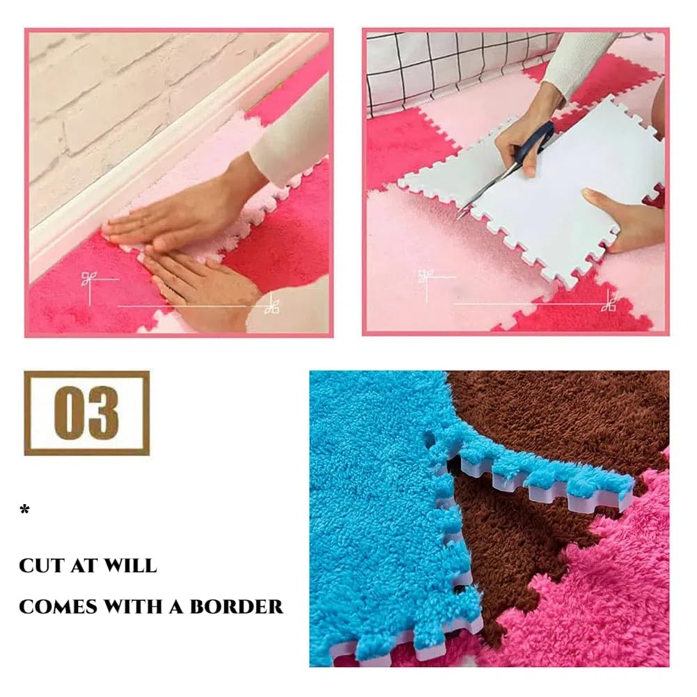 12 Pcs Plush Foam Interlocking Carpet Tiles,Soft Shaggy Fluffy Floor Area Rugs with Padding,Colorful Floor Protective Mats for Home Kids Room Playroom (White and Black, 11.8 x 11.8 x 0.39)