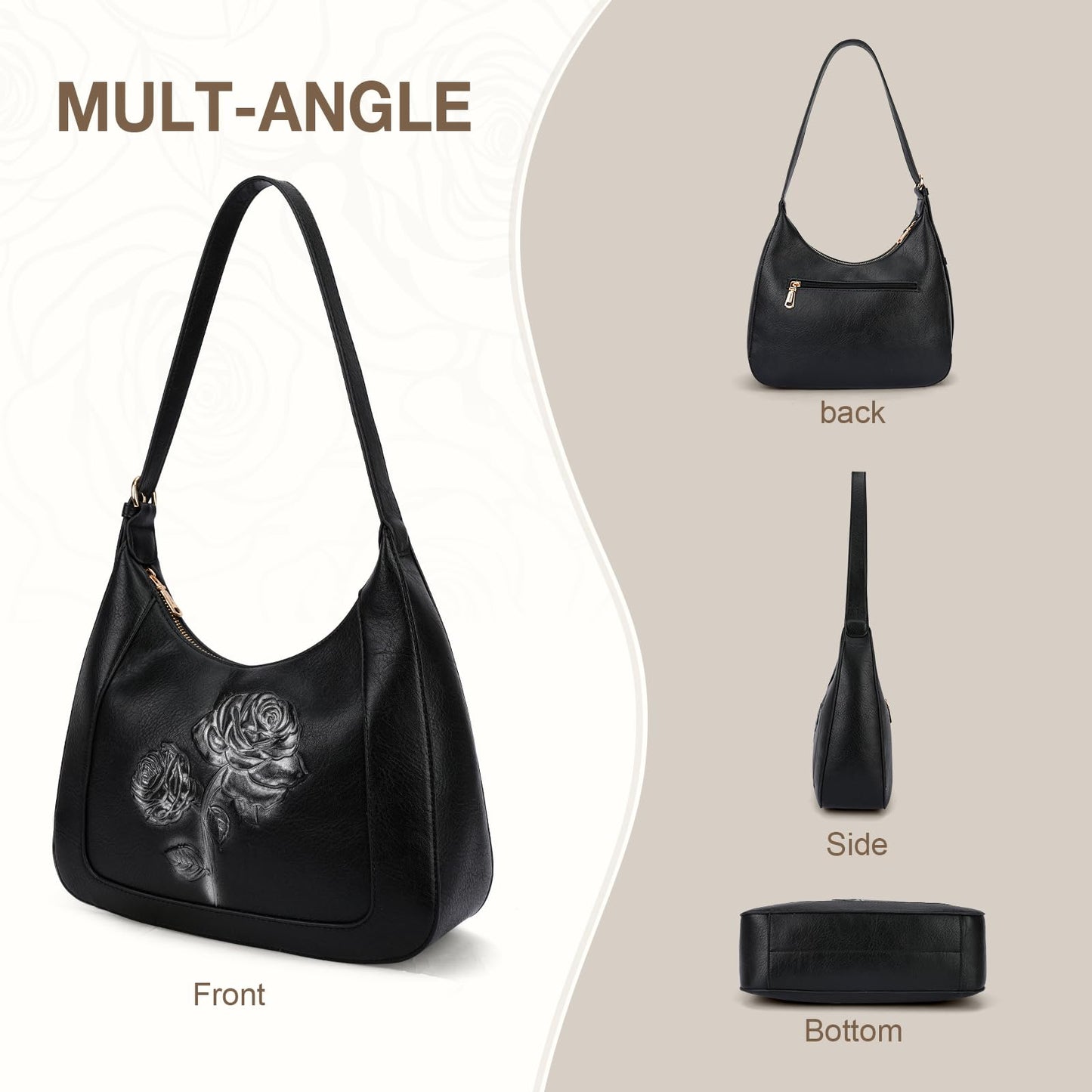 VIMUTI Small Shoulder Bag for Women, Vegan Leather Embossed Hobo Purse with Underarm Strap, Compact Daily Handbag (Black)