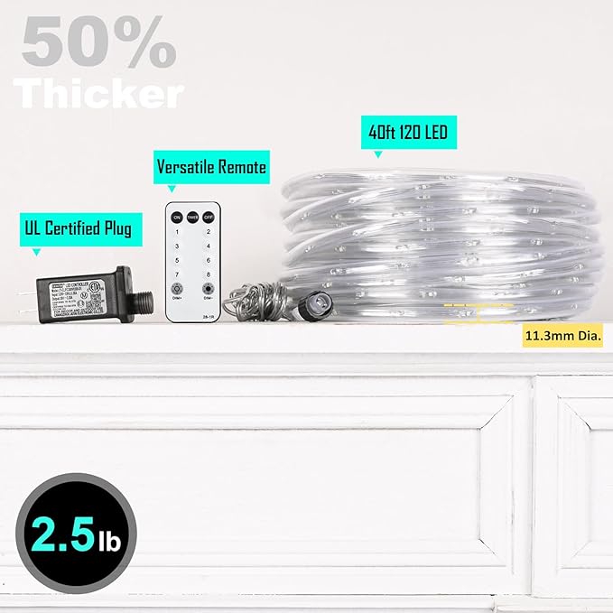 40ft 120 LED Rope Lights, Outdoor Rope Lights Plug in Outdoor Tube Light for Garden, Patio, Party, Christmas (Warm White)