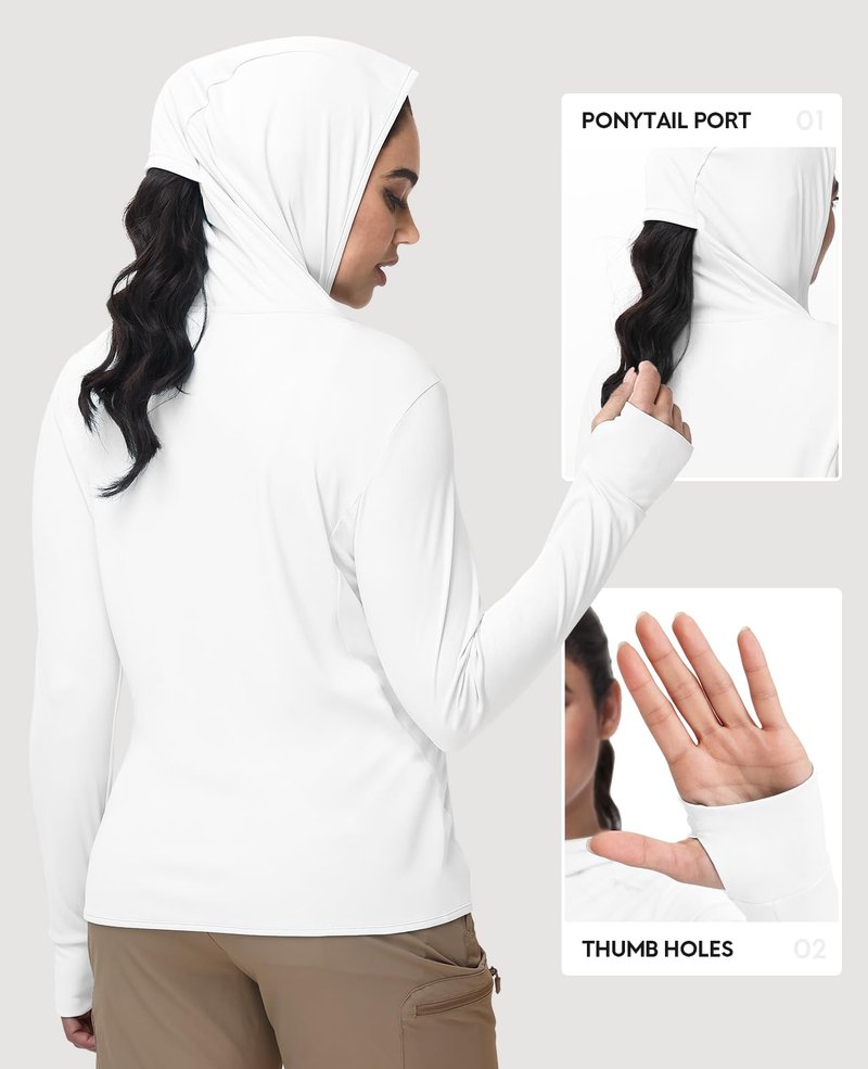 Haimont Women's Sun Protection Hoodie Jacket UPF 50+ Lightweight Long Sleeve Full Zip Sun Shirt for Hiking Fishing White M