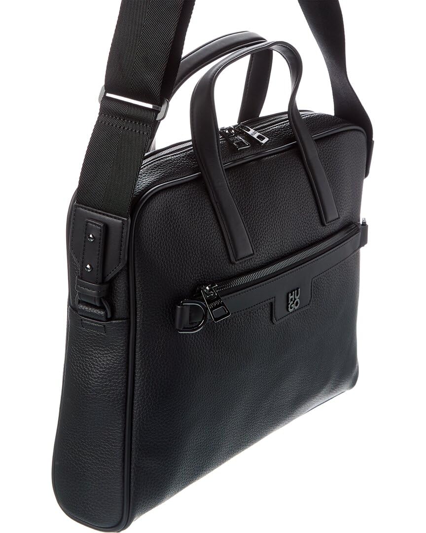 HUGO Stacked Logo Leather Briefcase, Black Currant, PCE.