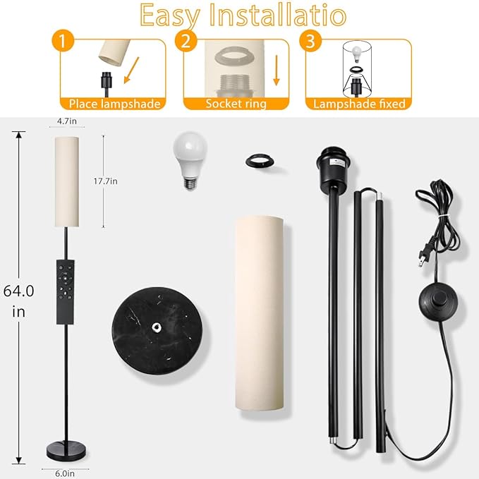 Floor Lamp for Living Room, Lamp with 3 Color Lampshades, Remote Standing Lamp for Bedroom, Office, Room décor(Bulb Included) (Ivory)