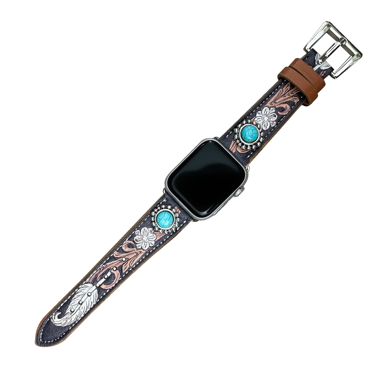 Wonderent Western Watchband for Apple Watch Size 38mm, 40mm, 41mm, 42mm, 44mm, 45mm and Series 8,7,6,5,4 and SE (38/40/41MM, ROUND CONCHO)