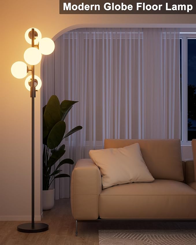 Lightdot 5-Globe Dimmable Globe Floor Lamp Black Standing Lamps with 5Pcs 3000K G9 Bulbs Stepless Brightness Adjustable Retro Mid Century Modern Floor Lamp with Stable Base for Living Room/Office