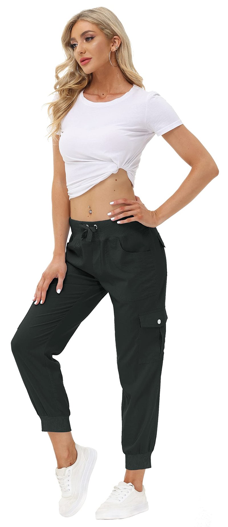 MoFiz Women Cargo Pants with Pockets Lightweight Outdoor Summer Travel Casual Hiking Pants Running Joggers Sweatpants Elastic Waist Dark Grey L