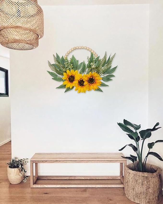 Spring Wreaths for Front Door 10" Artificial Floral Wood Bead Wreaths Eucalyptus Leaves Sunflower Wreaths for Front Door Boho Farmhouse Wall Decor 2 Pack