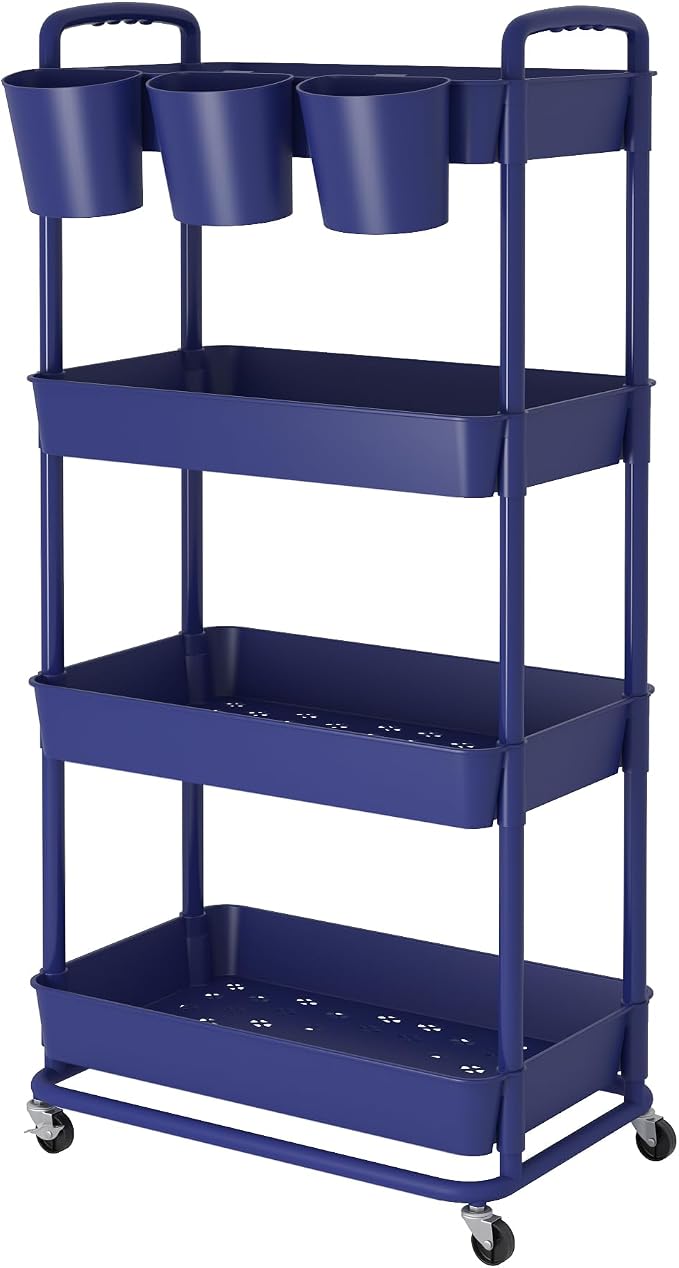 JIUYOTREE 4-Tier Plastic Rolling Storage Cart Utility Cart with Extra Hanging Cups Handles Lockable Wheels for Living Room Bathroom Kitchen Office Blue