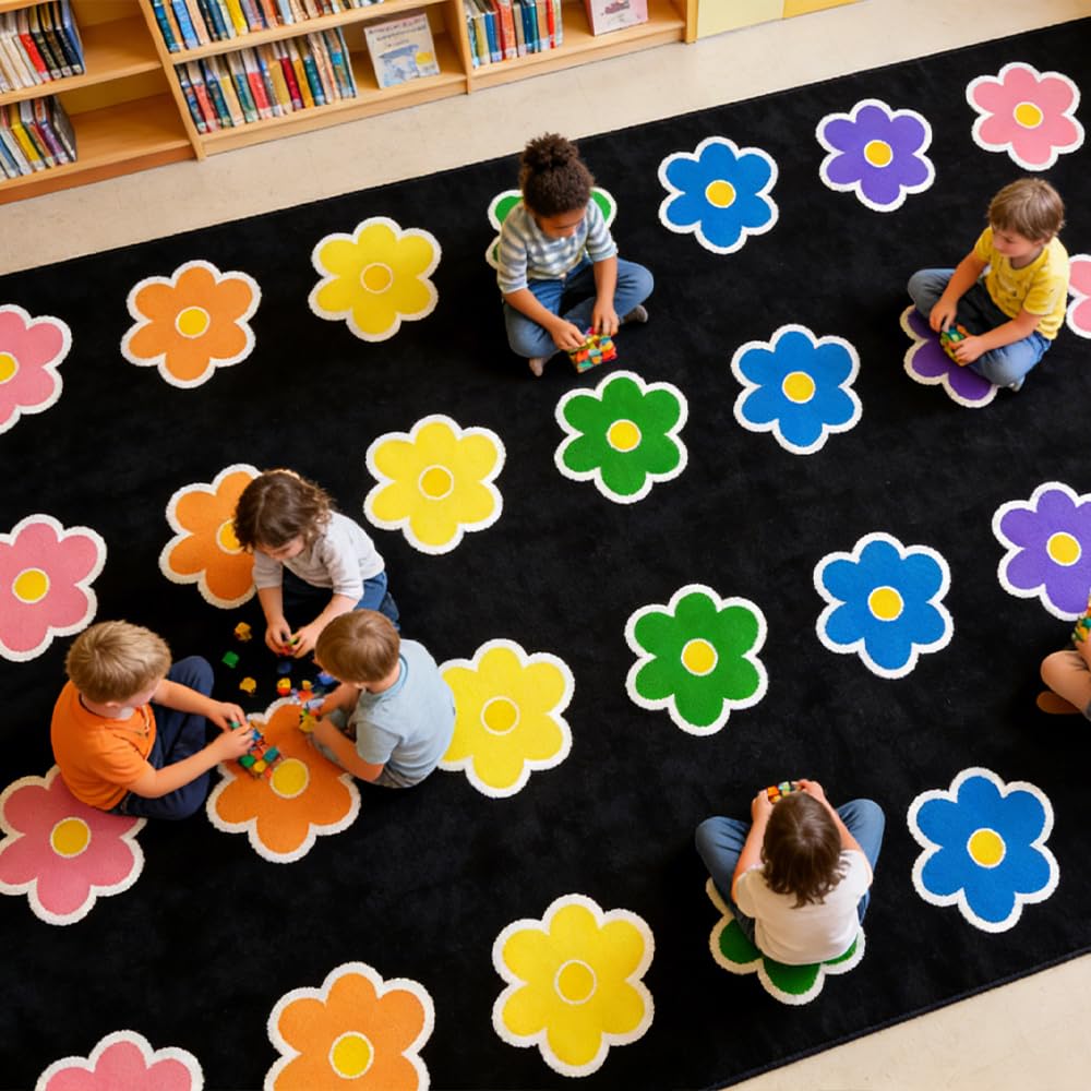 MAISONRINA Large Classroom Rugs Elementary, 7'7" x 13'1" Black Classroom Rug with Flowers Floral for Daycare& Playroom, Circle Time Carpet Educational Area Rugs for Preschool Library,Seats 32