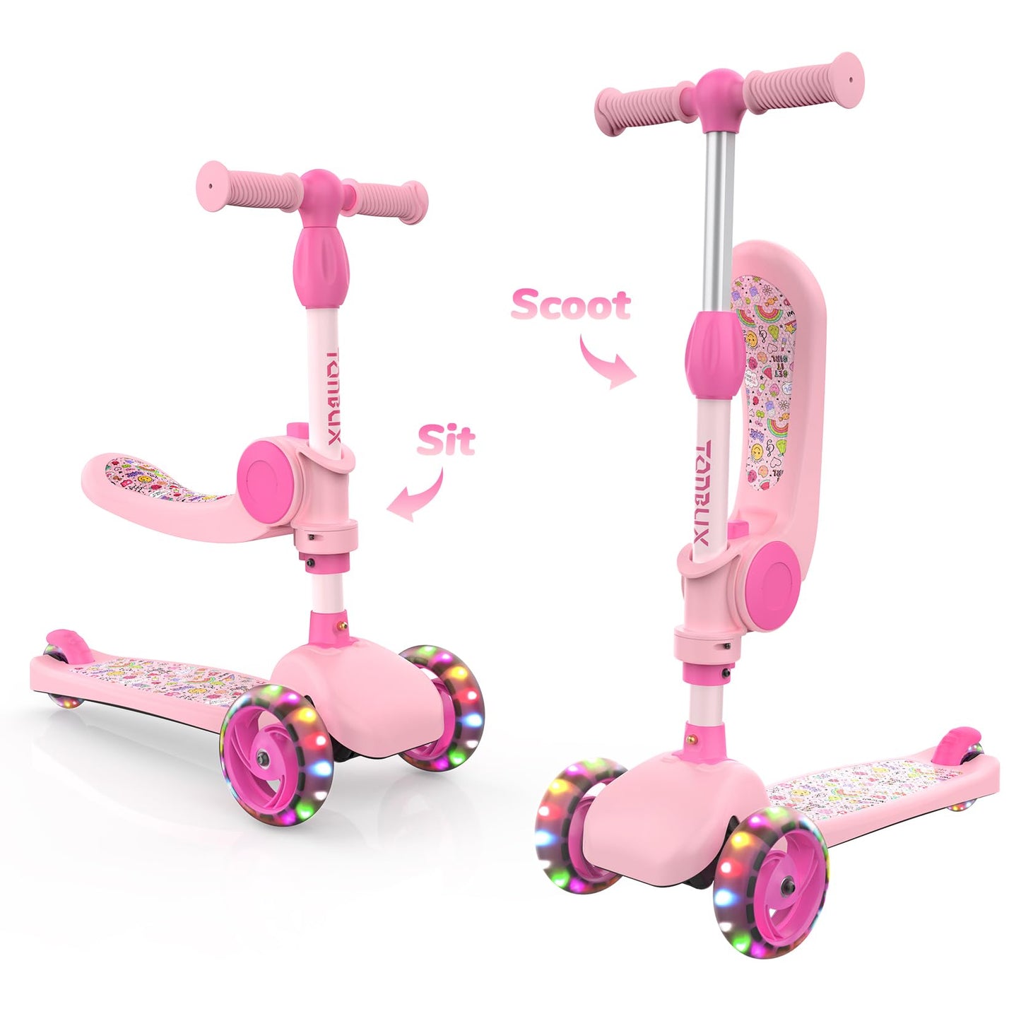 TONBUX Kids Scooter with Seat, 3 Wheels Scooter with PU Luminous Wheels, Non-Slip Handle and Wide Deck, Sensitive Brakes, 4-Level Adjustable Height, Scooters for Kids 2–8 Years Pink