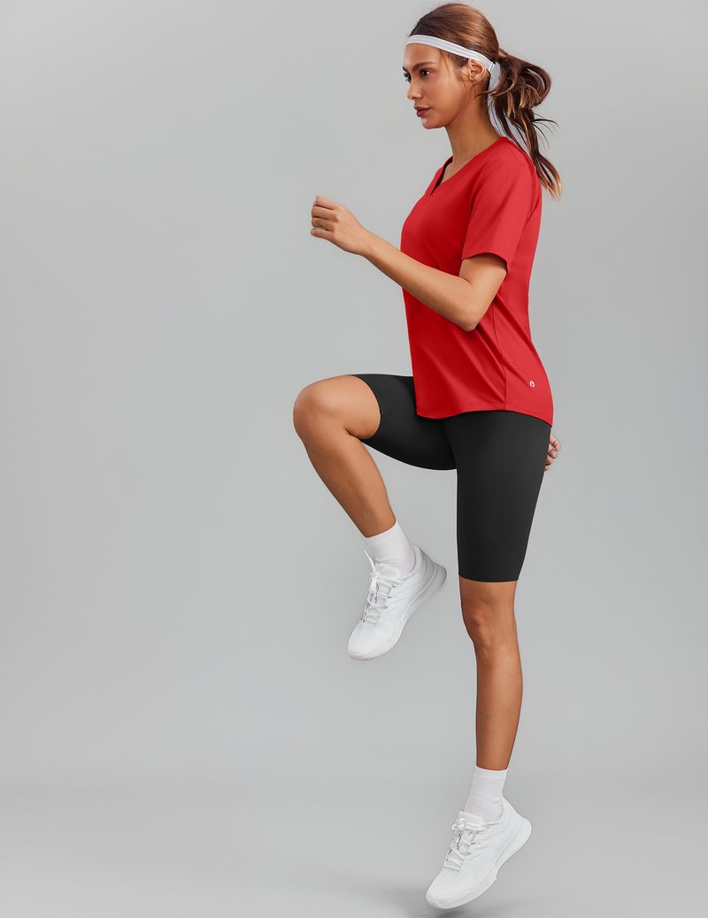 PINSPARK Gym Shirts for Women Short Sleeve V Neck Workout Tops Moisture Wicking Athletic T-Shirts Quick Dry Fitness Exercise,Red XX-Large