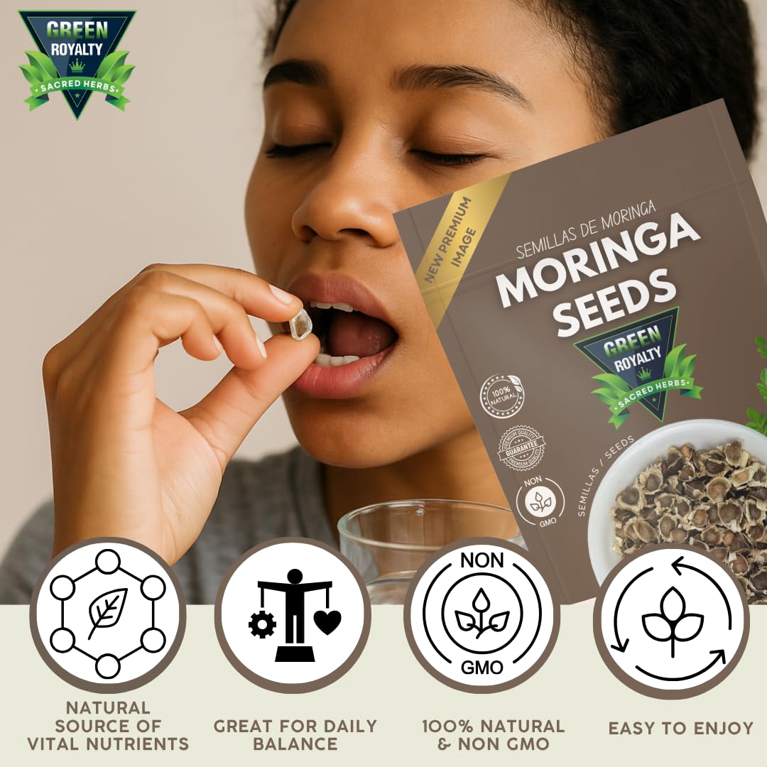 Green Royalty Moringa Seeds (350 + Count) – 100% Natural Non-GMO Herbal Seeds – Nutrient-Rich Superfood for Daily Balance – Sugar Free, Caffeine Free, Gluten Free – 2-Month Supply