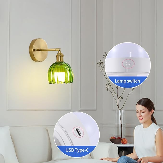 Vintage Battery Operated Wall Sconce 2 Pack, Green Tulip Glass Shade Gold Wall Lamp with 12 Inch Cable Switch, Modern Bathroom Wall Sconces Set of Two for Bedroom Corner Hallway