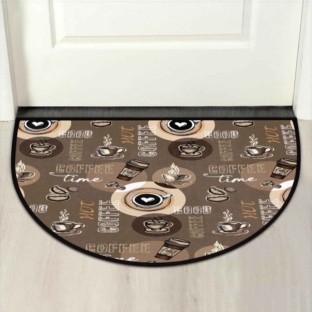 Aglebo Half Round Door Mat Coffee Theme Non-Slip Absorbent Welcome Doormats Washable Half Circle Area Rug for Home Indoor Entrance High Traffic Areas, 24" x 36"