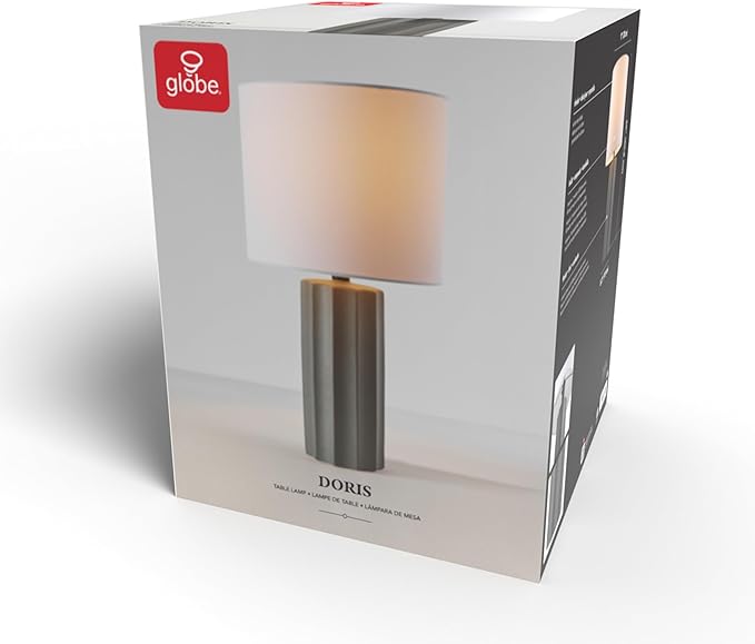GLOBE Electric 61000061 20" Ribbed Ceramic Table Lamp, Dark Gray Concrete Finish, White Linen Shade, On/Off Rotary Switch on Socket, for Living Room, Bedroom, Office, Home Décor
