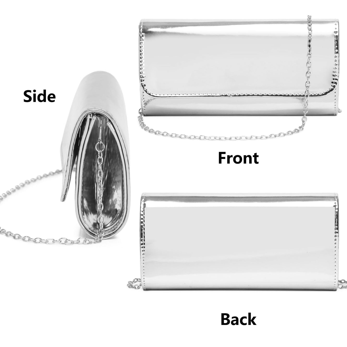 Patent Leather Envelope Clutch for Women Stylish Evening Handbag with Detachable Chain, Perfect for Wedding, Party & Prom (Silver 018)
