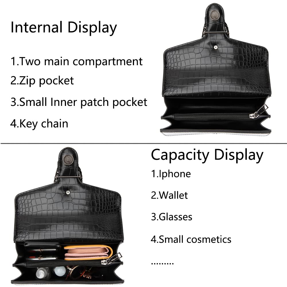 DEEPMEOW Crossbody Shoulder Chain Purse for Women - Crocodile Grain PU Leather Evening Bag Satchel Handbag(Black)