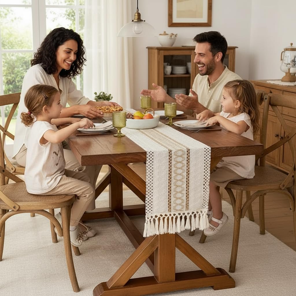 Boho Table Runner for Christmas ,Woven Cream & Brown Macrame Dining Table Runner Pottery Barn Farmhouse Rustic Burlap Home Chic Decor for Kitchen Bedroom Living Room New Year(12 x 70 in)