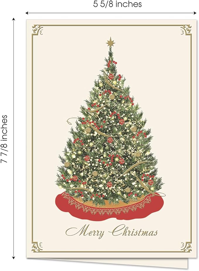 Masterpiece Elegant Tree Christmas Cards / 15 Boxed Winter Holiday Card Set With With Gold And Red Foil Accents And Gold Foil Lined Envelopes / 5 5/8" x 7 7/8" Folded Christmas Tree Greeting Cards