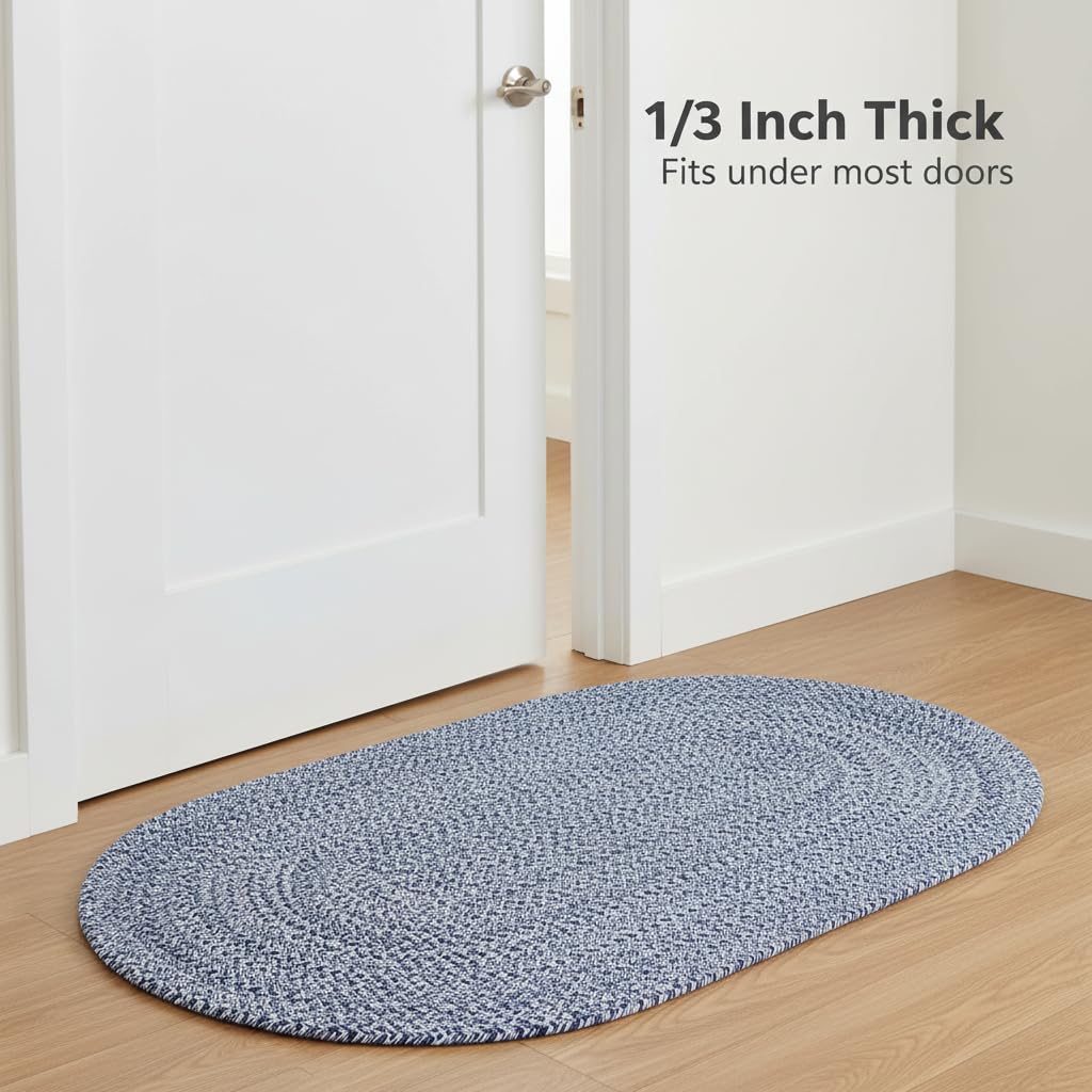Super Area Rugs Oval Braided Rugs for Kitchen - Cotton Braided Rug 2x3 - Oval Soft Bathroom Throw Rugs, Woven Rug for Bedside, Blue & White