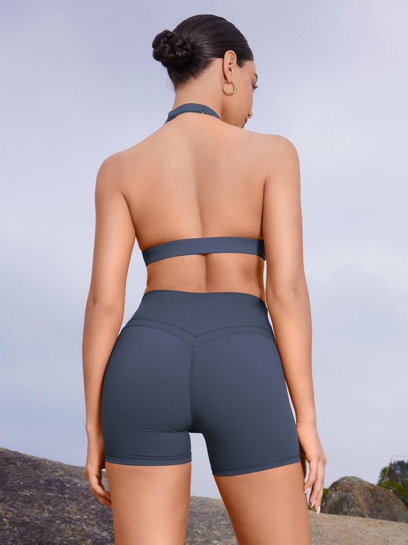 YEOREO Gym Workout Shorts for Women High Waisted Tummy Control Hidden Scrunch 4.5" Booty Shorts Julissa Cross Waist Yoga Navy Blue