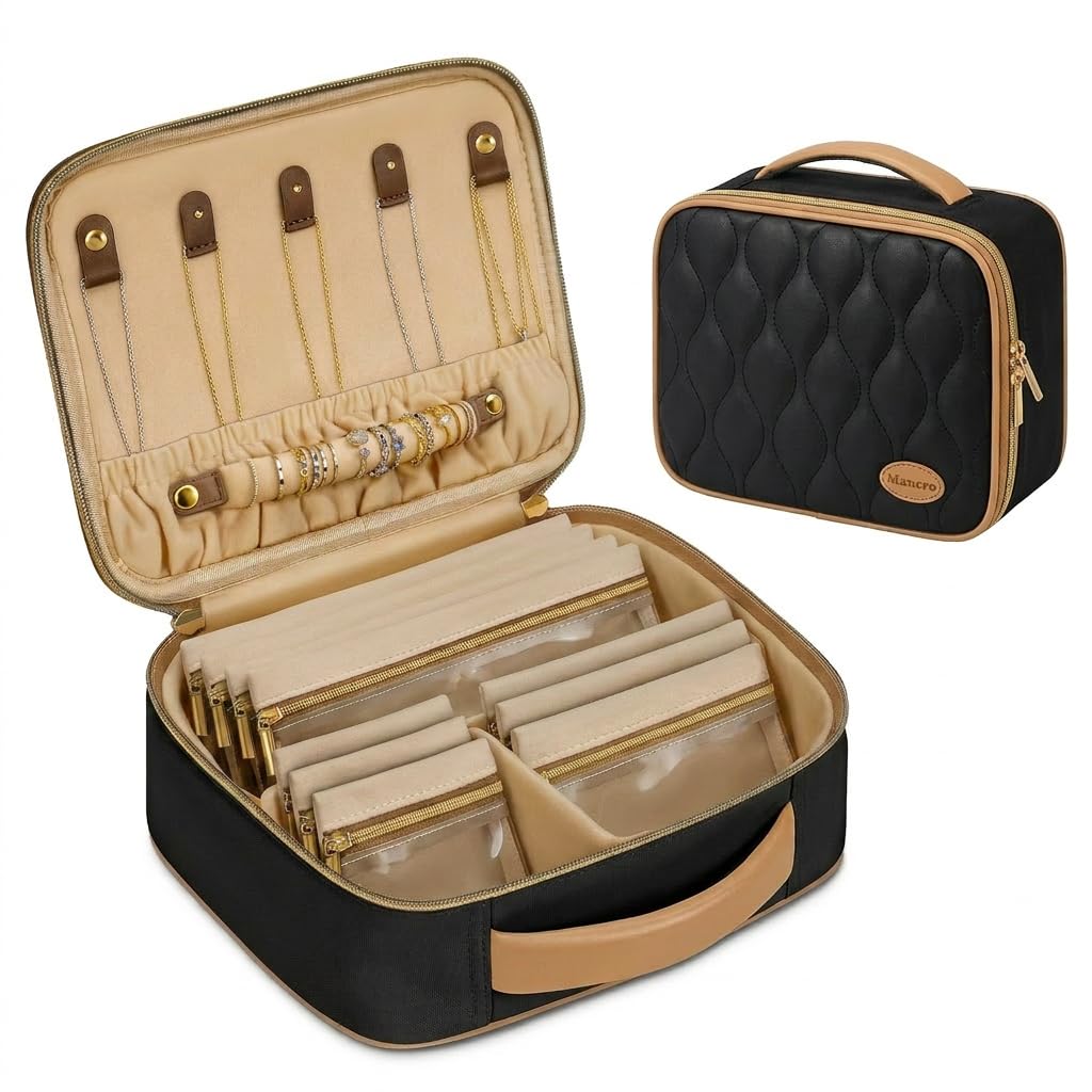 Mancro Travel Jewelry Case Organizer for Women, 10 Sorted Clear Pouches with Tangle-Free Necklace Hooks and Ring Holder Strap, Quilted PU Leather Jewelry Storage Box, Birthday Bridesmaid Gifts