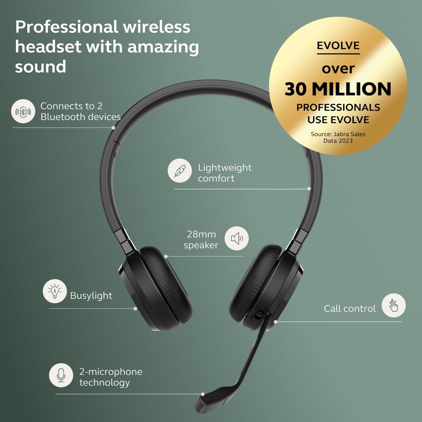 Jabra Evolve 65 TE (Third Edition) Wireless Dual-Ear Headphones - Noise-Canceling Mic, 16 hrs Battery Life, Dual Connectivity, MS Teams Certified, Supports Other Platforms, Black