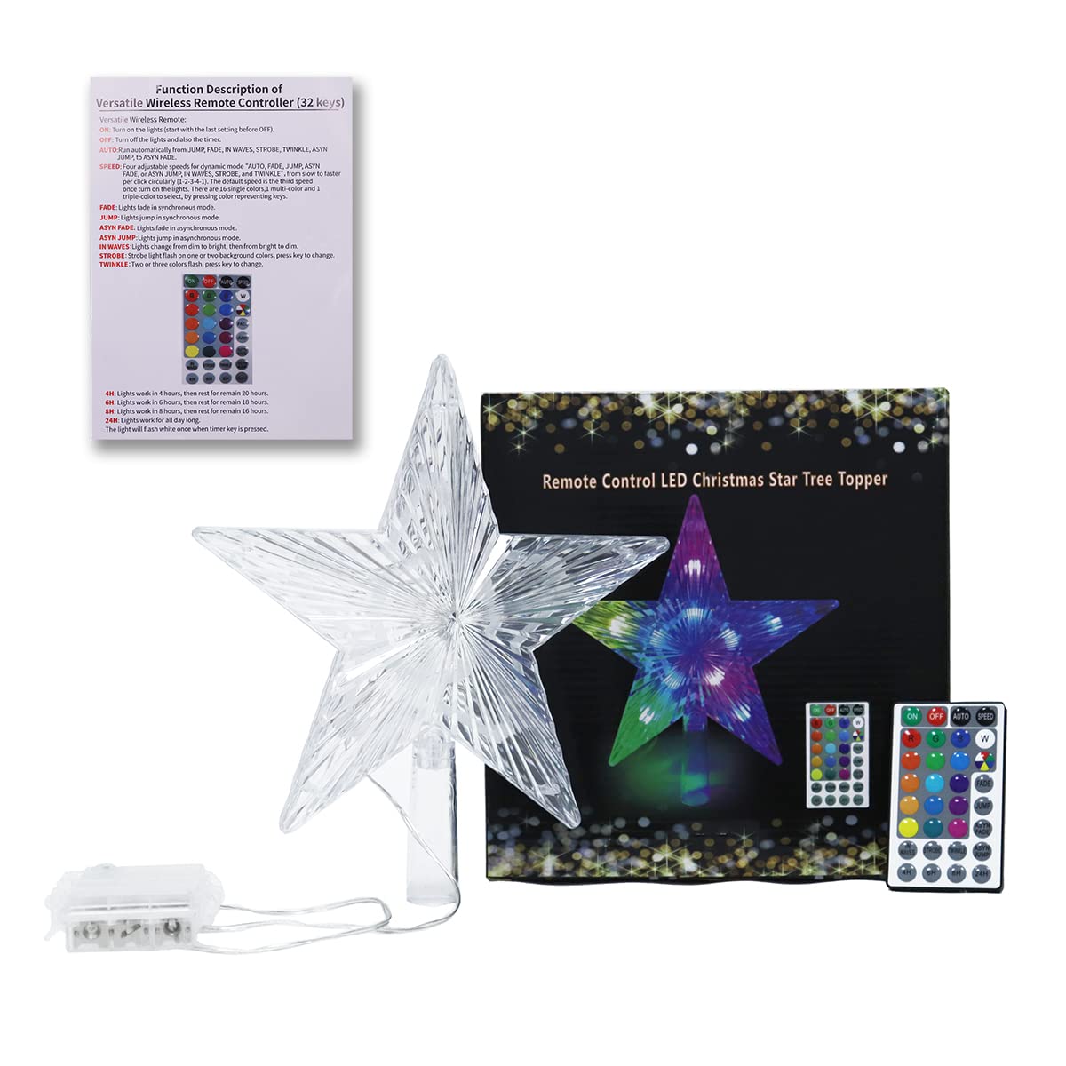 Brogrous Christmas Star Tree Topper Lights 9.5inch 10LED Multicolour with Versatile Remote Controller 3AA Battery Powered Tree-top Star for Xmas Tree Home Decoration(Indoor and Outdoor )