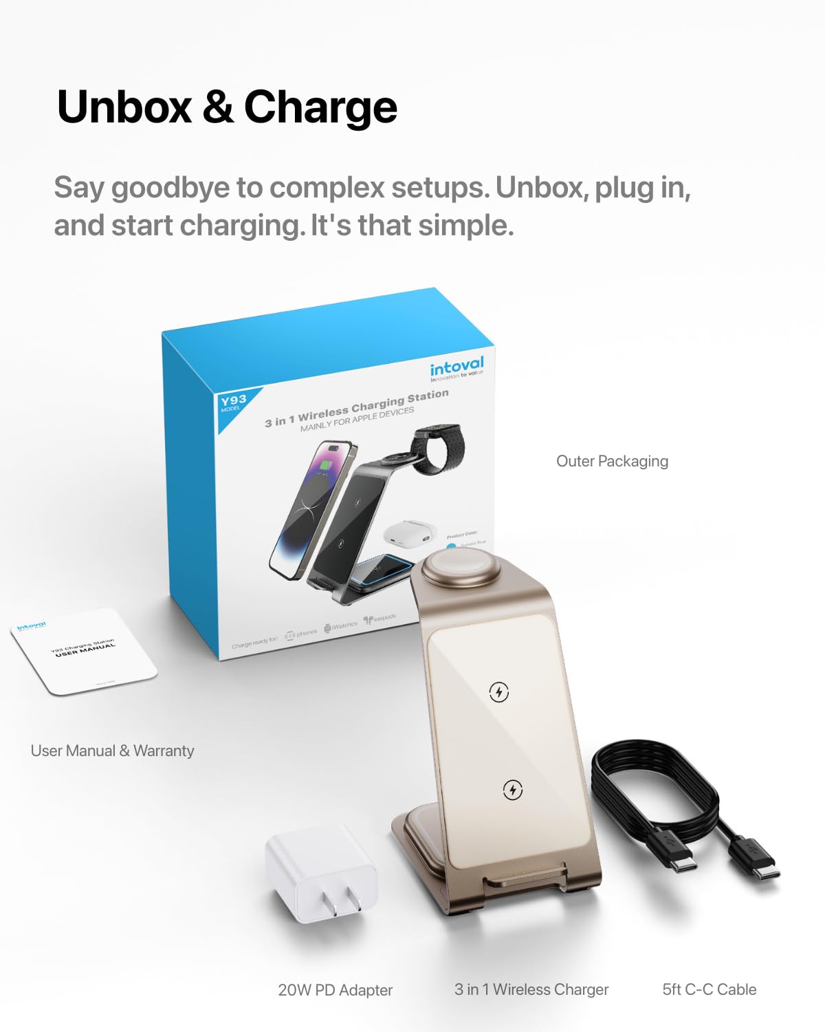 Intoval 3 in 1 Wireless Charging Station for iPhone 17 16 15 14 13 12 11 X Pro Max, Wireless Charger for Apple Watch Ultra 3 SE 9 8 7 6 5 4 3 2, for AirPods 4 Pro Pro 2 3 (Y93, Grey)