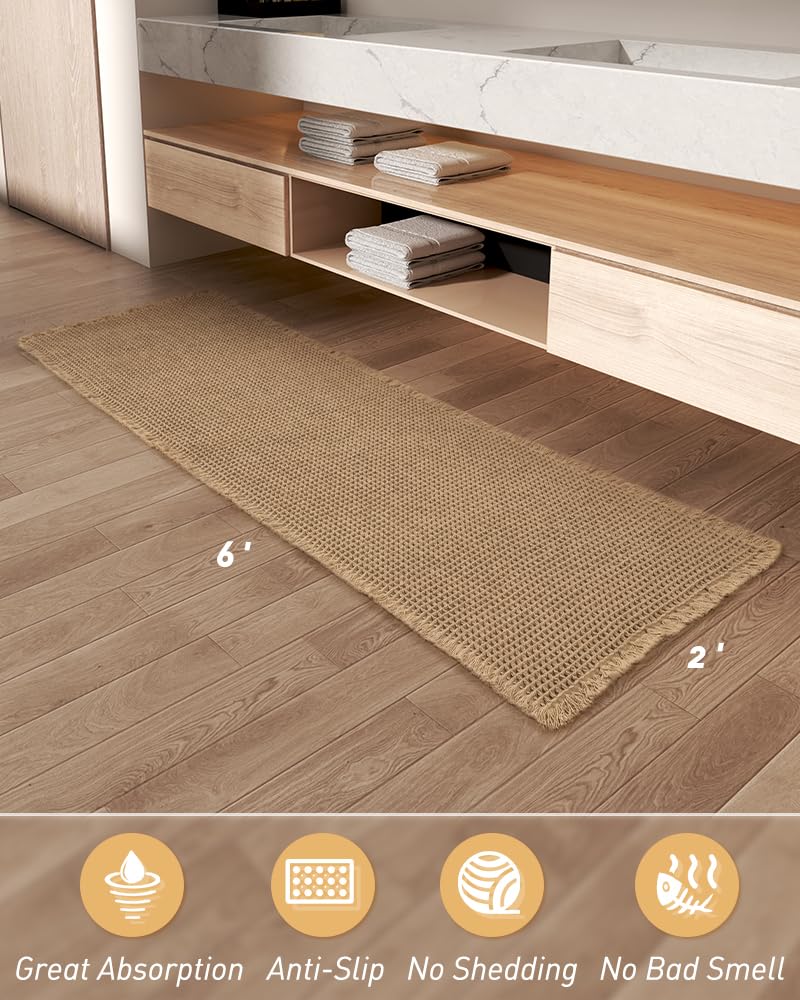Upgraded Waffle Runner Rug, Super Absorbent Non Slip Bath Mats for Bathroom Floor, Machine Washable Bathroom Runner Rug with Tassels, Ideal for Hallway Bedroom Laundry Room, Brown, 2'x 6'(24" x 72")