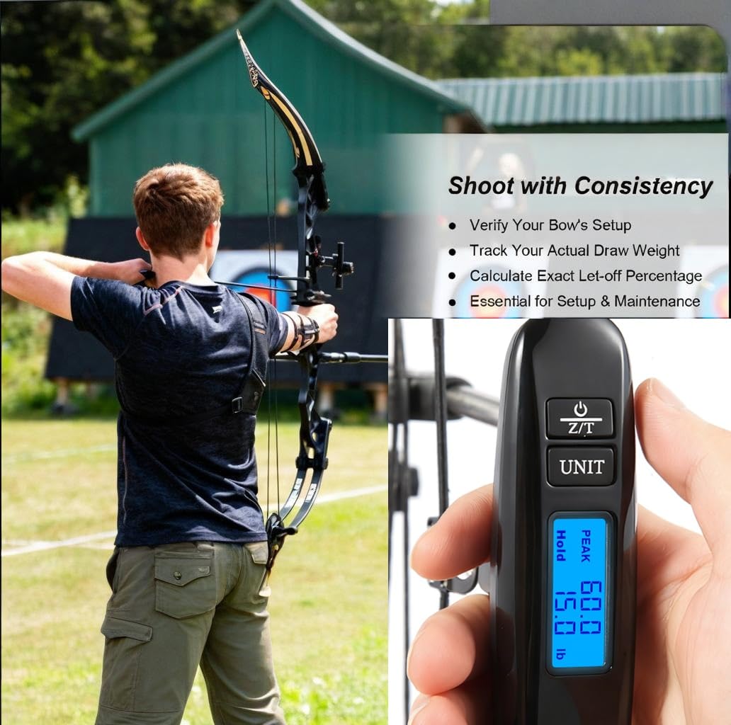 AHOSOUTLY Archery Bow Scale Recurve/Compound Bow 110LB/50KG Tuning Scale with Peak and Hold HD LCD Display LB/KG Battery Included(Black)