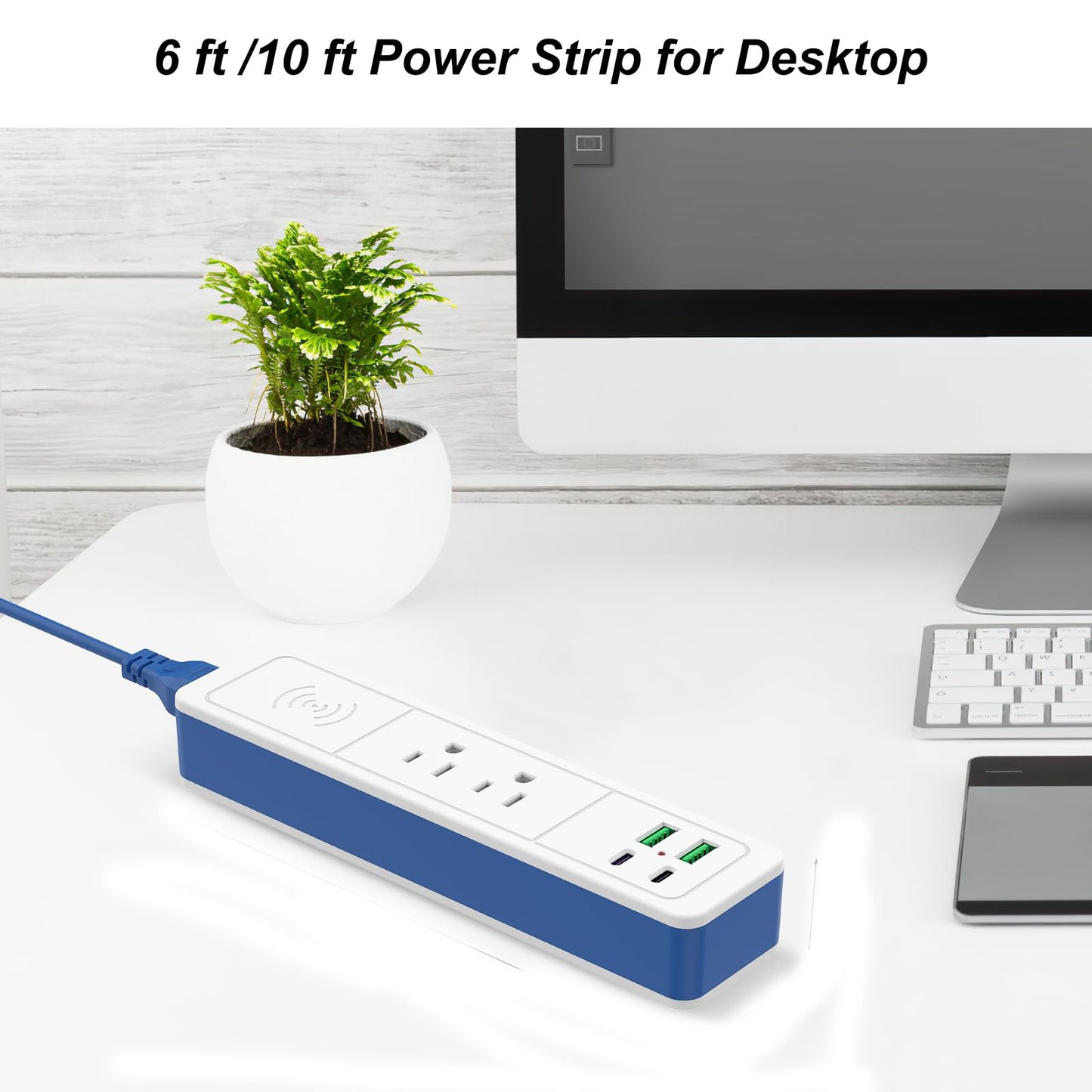 7-in-1 Wireless Fast Charge Power Strip with USB C, 2 USB-C Ports,2 AC Outlet,2 USB-A, Fast Charging Station for Nightstand Desktop Office Dorm,6 ft Ddetachable Extension Cord (Blue, 6 FT)