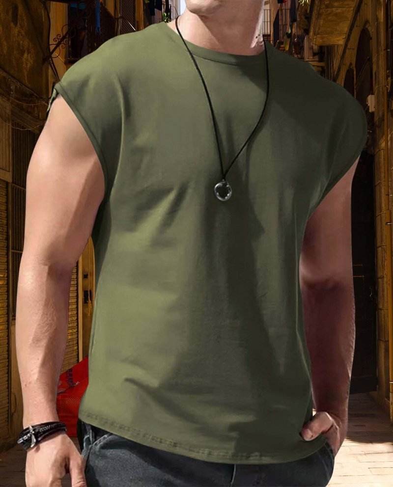 Grafumo Mens Workout Gym Tank Top Crew Neck Cap Sleeve Muscle Shirts Solid Trendy Casual Running Beach Loose Fit Tees Army Green