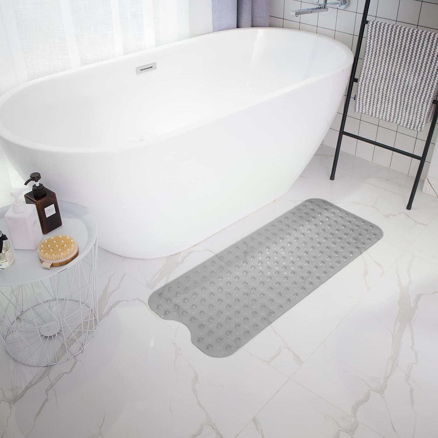TEESHLY Bathtub Mats for Shower Tub, Extra Long Non-Slip 39 x 16 Inch Bath Mat with Drain Holes and Suction Cups, BathMat for Bathroom with Machine Washable (Clear Grey)