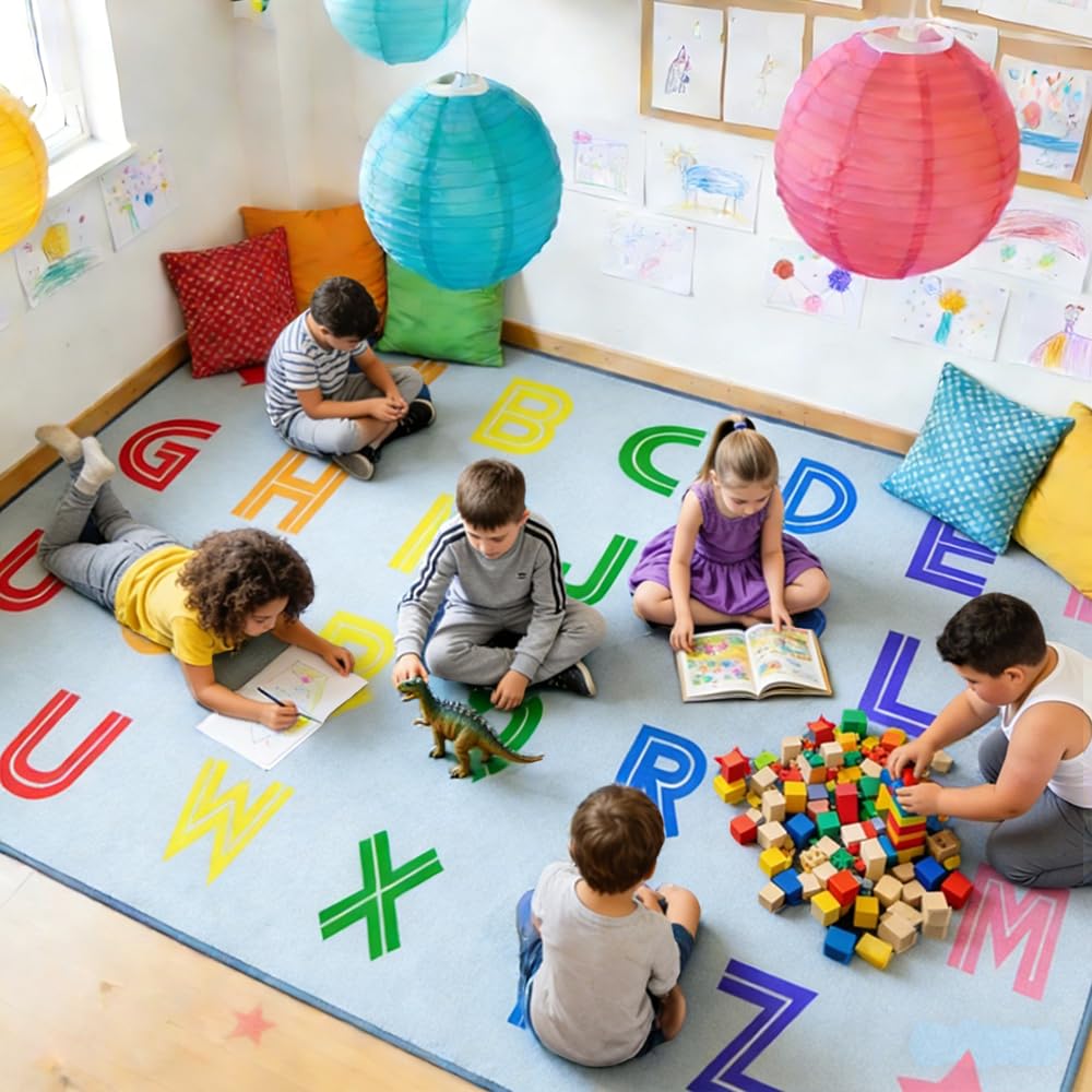 MAISONRINA Large Classroom Rug Elementary 13'x7'7'', Light Blue Alphabet Rug for Preschool Daycare Playroom, Circle Time Carpet Kids Educational Rugs for Library Kindergarten, Seats 28
