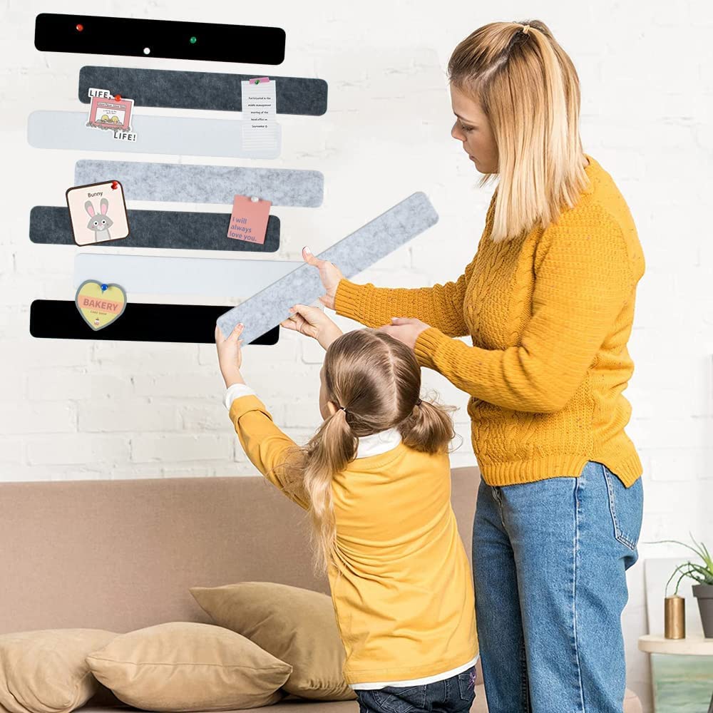 Vuzvuv 8 pcs Bulletin Board Bar Strips with 50 Pushpins & 10 Wooden Clip pins,Self Adhesive Cork Board for Wall,Felt Pin Board for School,Office Decor(Black White Grey)
