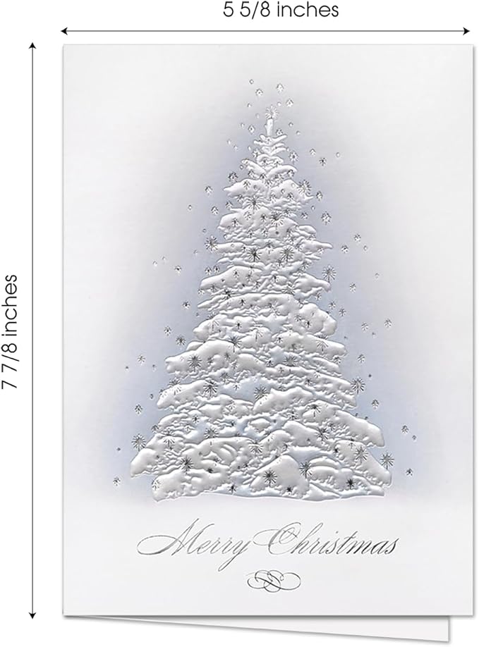 Masterpiece Embossed Frosted Tree Christmas Cards / 15 Boxed Winter Evergreen With Pearl And Silver Accents Holiday Cards With Coordinating Envelopes / 5 5/8" x 7 7/8" Folded Tree Greeting Card Set