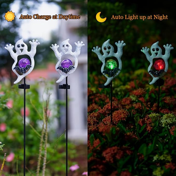 Viveta Solar Halloween Lights, 2 Pack Ghost Solar Lights Outdoor with Color Changing Crackle Glass Ball for Halloween Decorations Outdoor Garden Yard