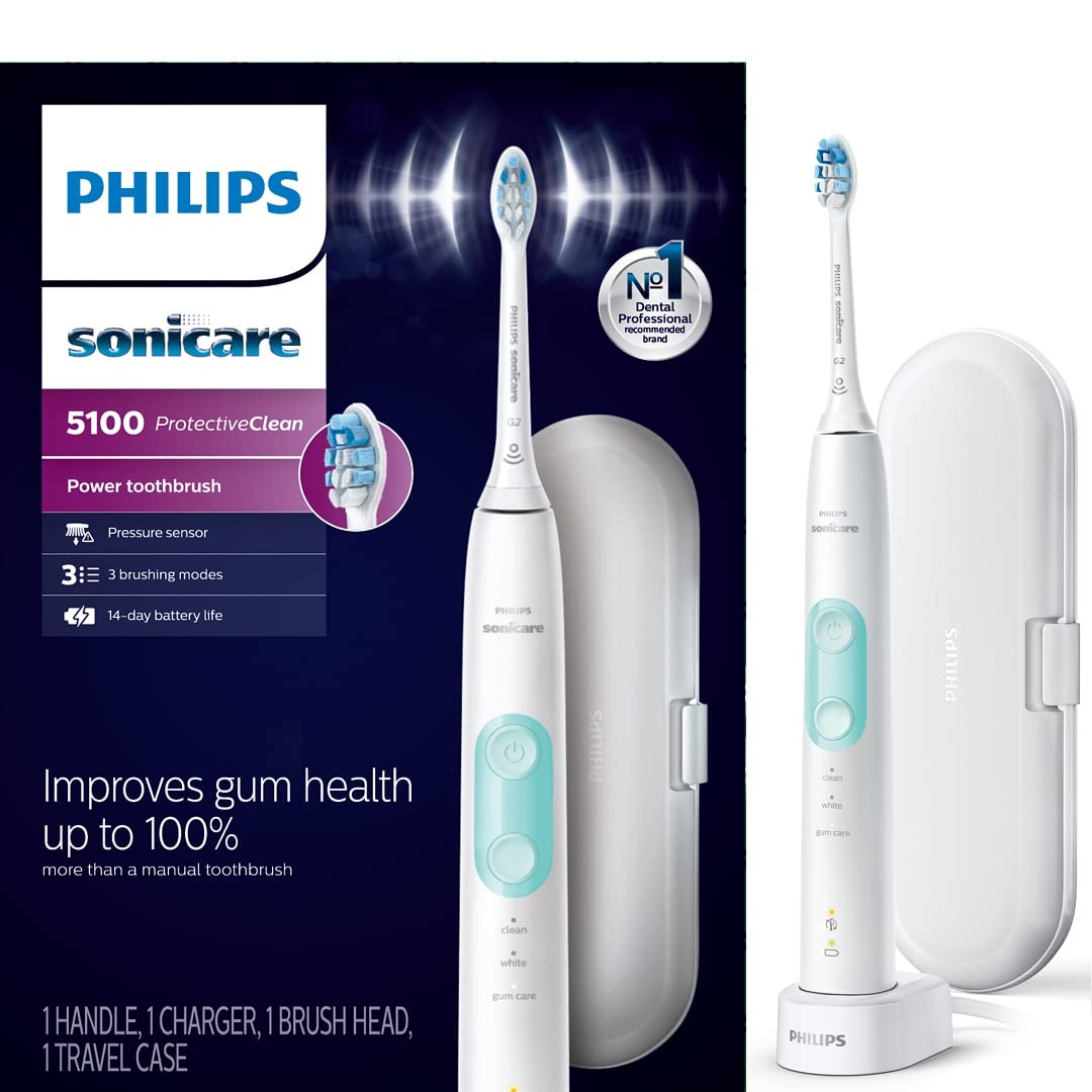 Philips Sonicare ProtectiveClean 5100 Electric Rechargeable Toothbrush with Genuine Philips Sonicare Optimal Gum Health Replacement Toothbrush Heads,White 3-pk