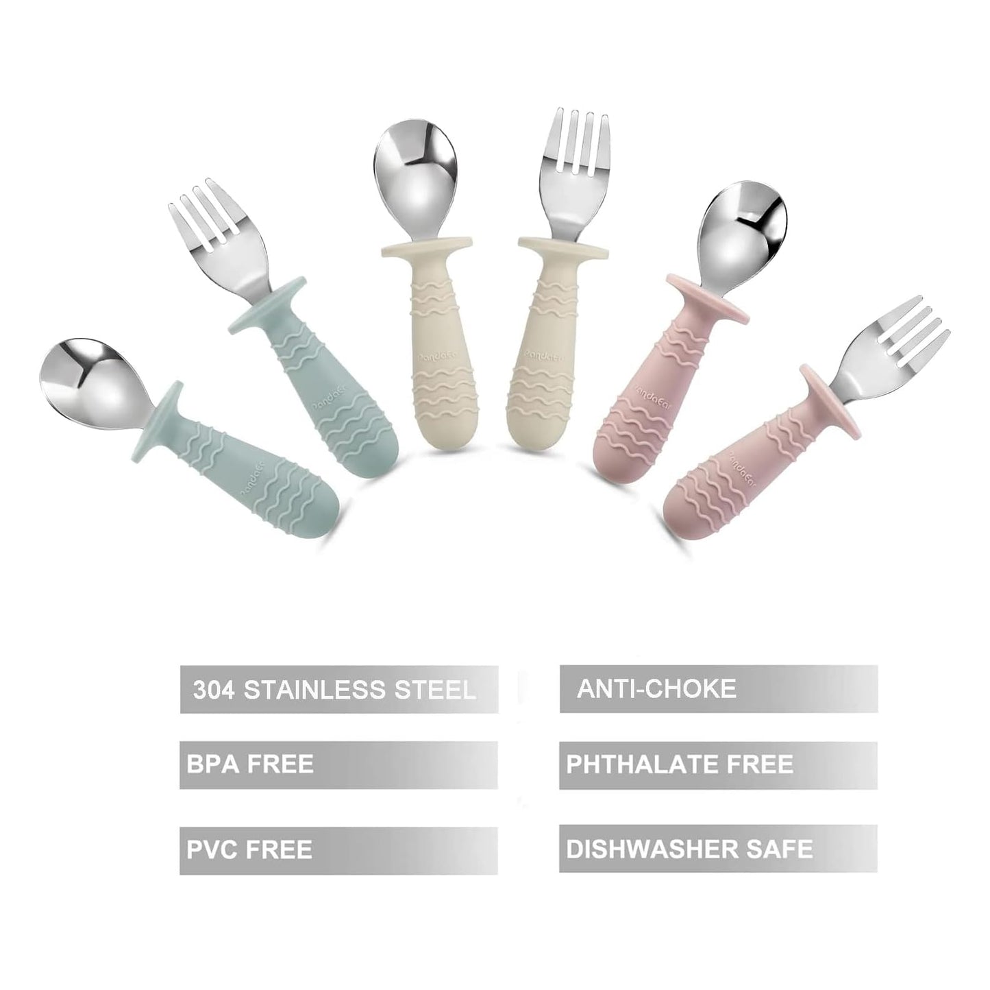 PandaEar 6 Pieces Baby Toddler Silicone Stainless Steel Utensils Silverware Spoon Fork for Baby Toddler BPA Free with Silicone Holding Anti-Choke Design (Blue Pink White)