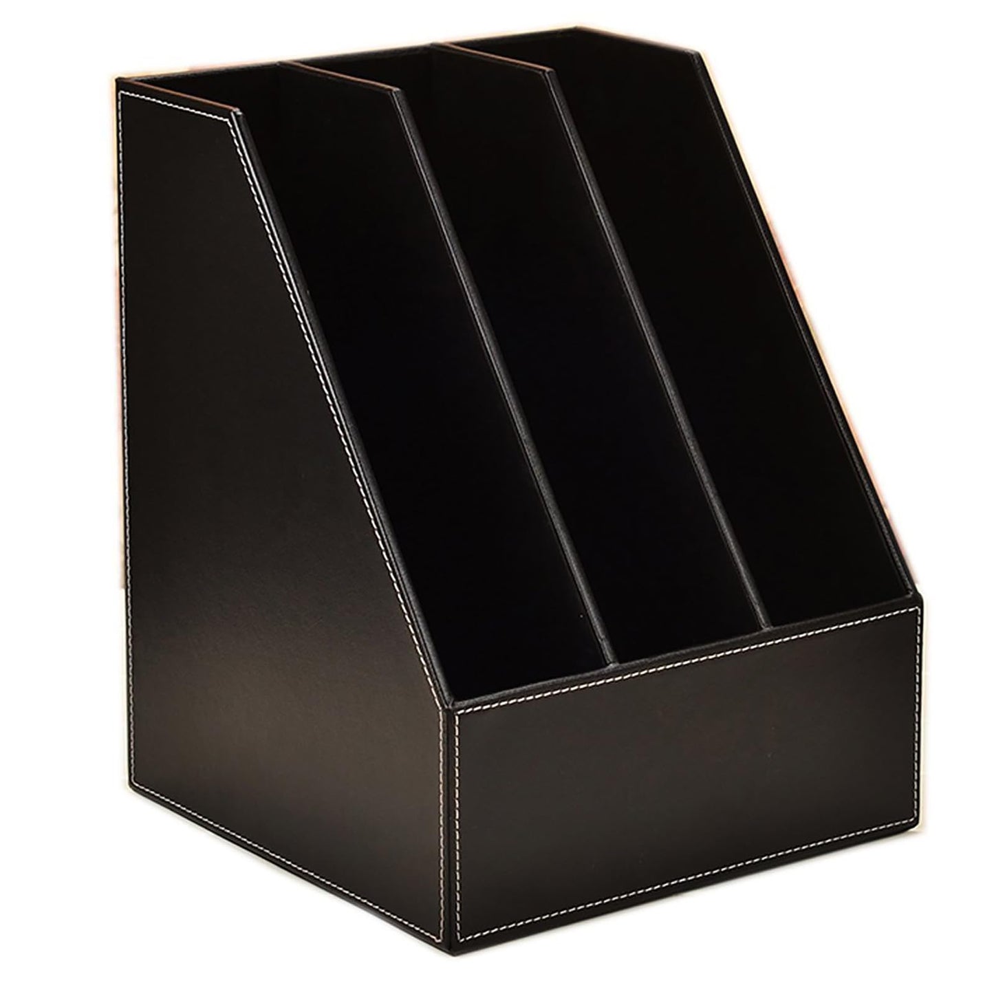 3 Tier Leather Magazine Holder - Vertical File Organizer with PU Leather Cover, Handmade Office Desk Organizer for A4/A3 Documents, Magazines, Books - Black (3 slot)